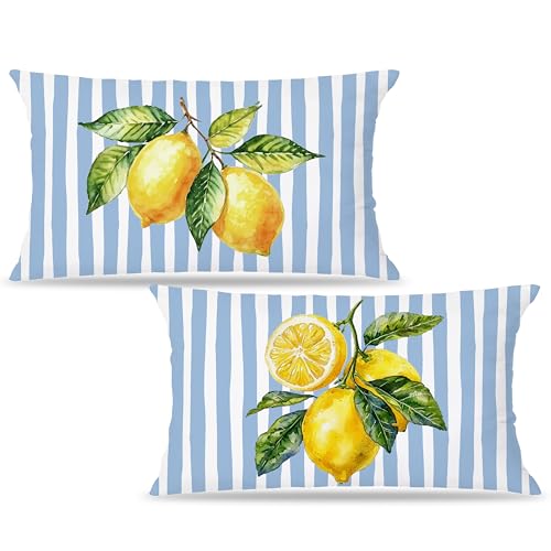 Image of Blue and Yellow Summer Italian Mediterranean Amalfi Coast Lemon Pillow Cover Decor 12x20,Italian Striped Decorative Throw Pillow Cover Decor for Couch Set of 2 Double-Sided