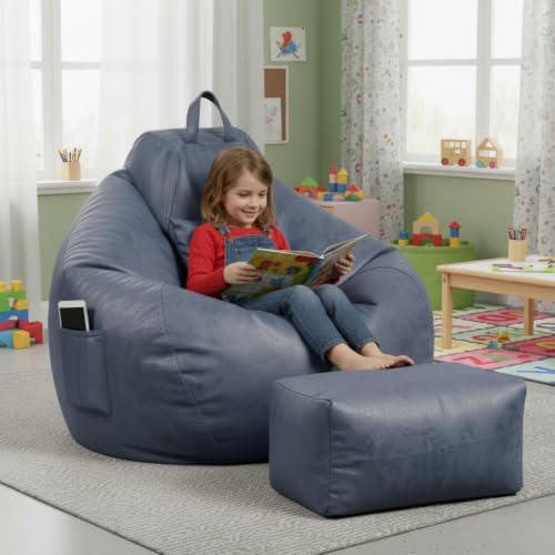 Image of 4XL Suede Bean Bag Chair with Footrest & Cushion | Filled with High Density Polystyrene Beans | Premium Soft Fabric | Teardrop Design with Handle | Ready to Use Color- (NAVY BLUE, Bean Bag)