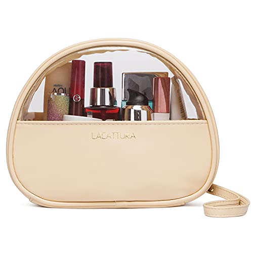 LACATTURA Transparente Reise-Make-up-Tasche, veganes Leder, Kosmetik-Organizer, transparenter Kulturbeutel, tragbare Reißverschlusstasche, Aufbewahrungstasche für Damen/Mädchen, aprikose Cover