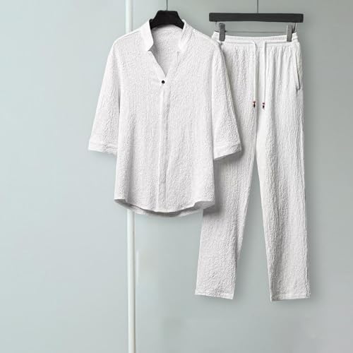 Image of CBMen's Summer Suits Casual Clothes Loose Pant 3 /4 Sleeve Suit Beach L White|Clothing Shoes & Accessories | Mens Clothing | Suits|1 Men's 2 Pieces Shirt Set