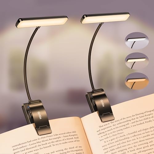 Gritin Leselampe Buch Klemme, USB Wiederaufladbare Buchlampe mit 19 LEDs, 3 Farbtemperatur Modi, Lange Laufzeit, Stufenlose Helligkeit Klemmlampe, 360° Flexibel Klemmleuchte, Schwarz- 2 Stück