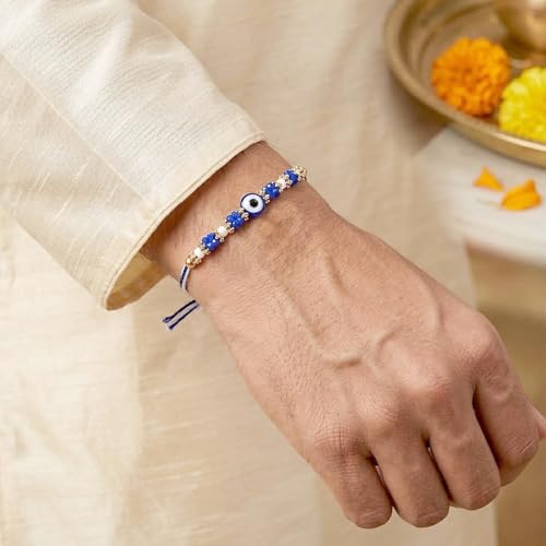 Image of Peora Evil Eye & Crystals Studded Rakhi for Brother Bhaiya | Red Thread | Raksha Bandhan Hamper with Roli Chawal Greeting Card