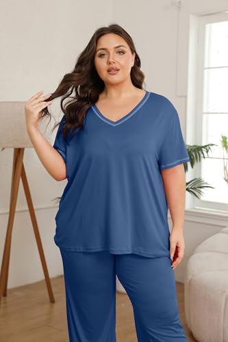 Image of Vozanet Women's Plus Size Pajama Sets Short Sleeve Long Pants Solid Color with Piping Trim Elegant Loungewear Cozy Sleepwear