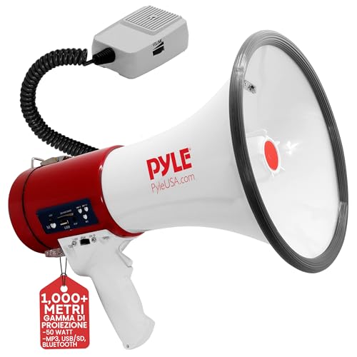 Pyle Megafono Portatile 50 Watt con Sirena, Microfono Staccabile, Cinghia, Batteria Ricaricabile, Megafono Ideale per Voce Professionale all’Aperto, Polizia e Eventi