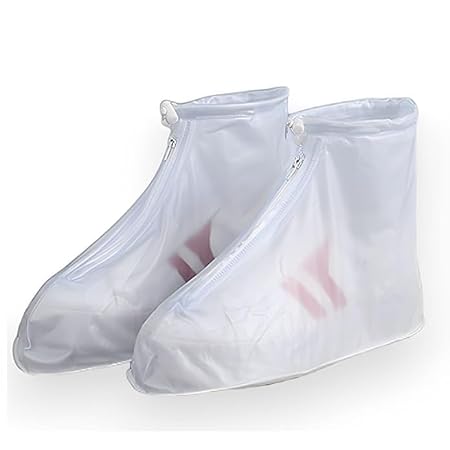 TAYLORED HOME Solid Colored Reusable Waterproof Shiny Thick PVC Zipper Shoe Cover with Adjustable Non-Slip Silicone Sole Boot Protection from Rain Wear-Resistant Portable for Men & Women (White L)