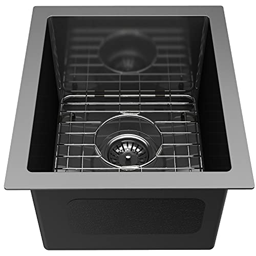 13X15 Inch Black Undermount Kitchen Bar Sink, 16 Gauge Black Stainless Steel Undermount Small Kitchen Sink Bar Sink Outdoor Sink With Drain Assembly And Grid,Curved R10, Sh101Sbg #TOP16