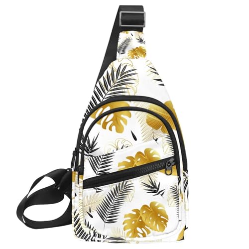 Sac à bandoulière noir et doré à motif tropical pour femme, sac de poitrine chic
