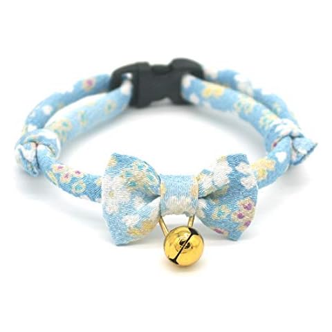 PetSoKoo Bowtie Chirimen Cat Collar With Bell. Japan Flower Bow Tie Style. Safety Breakaway & Light Weight, Soft, Comfortable, Durable Cover