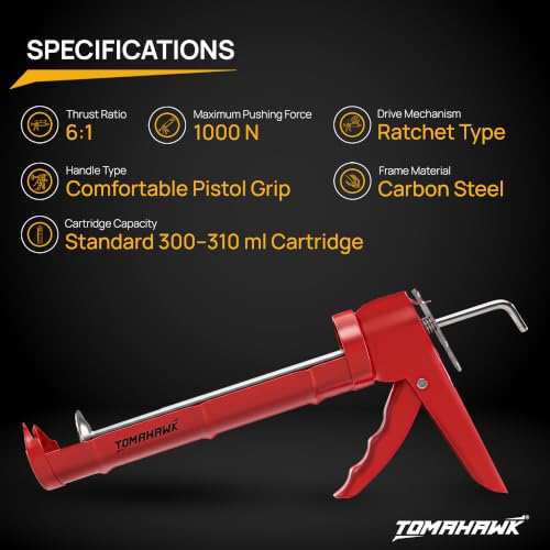 Image of TOMAHAWK TCGS-1A Heavy Duty Caulking Gun & Sealant Combo | 6:1 Thrust Ratio | 1000N Pushing Power | Ratchet Pushing Rod | Professional Sealant Applicator for Silicone, Adhesives & Construction Use
