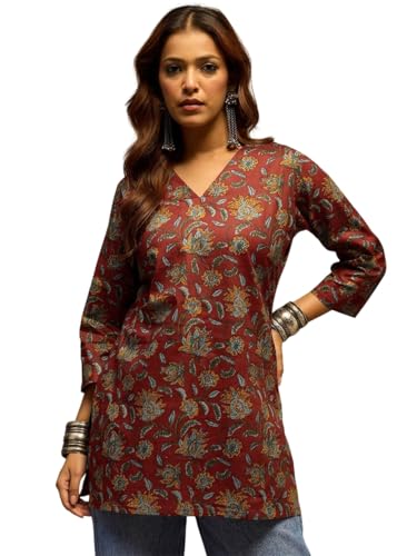 Image of Amazon Brand - Tavasya Women Floral Printed Short Kurti | Casual Wear| V- Neck | 3 /4th Sleeves | Cotton | (Regular Fit) |