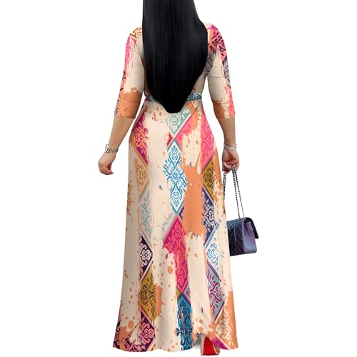 Image of PinkPatty Women's Print Maxi Dresses 3 /4 Sleeve Flowy Long Dress V Neck Wrap Tie Waist Sundress
