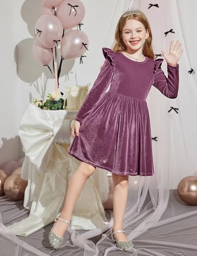 Arshiner Toddler Velvet Dress Little Girls Fall Winter Long Sleeve Ruffle Holiday Birthday Party Dresses with Pockets3