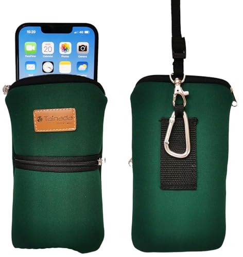 Image of Tainada Men Women Cell Phone Neoprene Shockproof Zipper Sleeve Case Bag Pouch w /Carabiner Clip Hook, Neck Lanyard, Belt Loop Holster for iPhone 17 /16 Pro Max, 16 /15 Plus; Samsung S25+ (Dark Green)