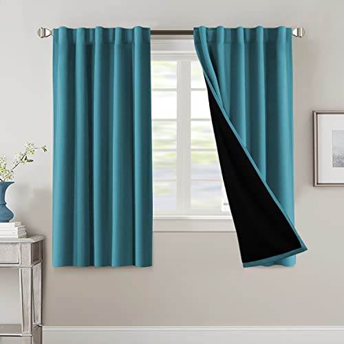 H.VERSAILTEX 100% Blackout Curtains for Bedroom with Black Liner Full Room Darkening Curtains Thermal Back Tab/Rod Pocket Window Drapes for Living Room, 2 Panels, 42 x 63 Inch, Turquoise Blu