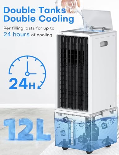 Image of HIFRESH Air Cooler for Room Cooling, 31Ft Air Throw, 4 Modes & 4 Speeds, Remote & Touch, 12H Timer, 12L Tank for 24H Cooling, Waterless Alert, 2 Ice Packs, Low Power Consumption Tower Cooler for Home