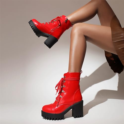 Betastella Lug Sole Platform Ankle Boots Lace Up Chunky Heeled Combat Boots Patent Leather Side Zip Booties2
