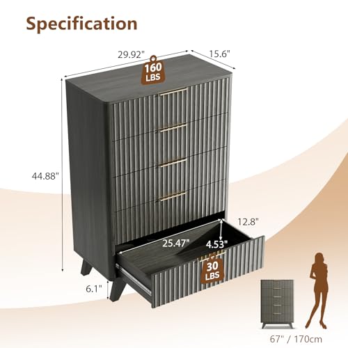Image of VINGLI Fluted Tall Dresser 5 Drawer Grey Chest of Drawers, Wood Dresser with Rounded Edges, Gray Chest Dressers for Bedroom, 29.92 inch W*15.6 inch D*44.88 inch H