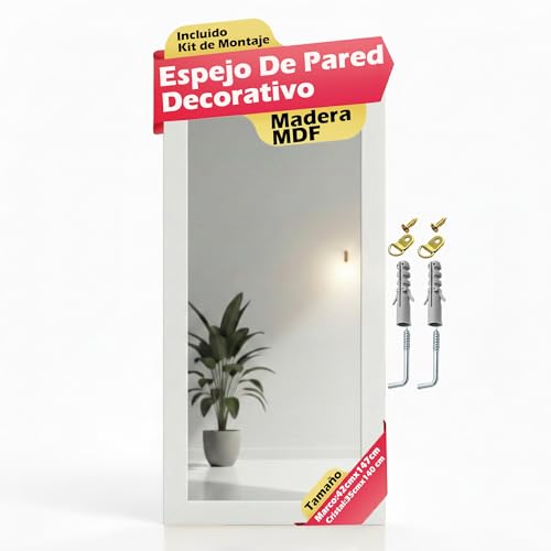 Chely Intermarket, Espejo De Pared Cuerpo Entero 35X140Cm(Marco Exterior 42X147Cm) MOD-128(Blanco-Liso) Forma Rectangular | Decoración De Salón, Recibidor, Dormitorio (128-35X140-6,15)