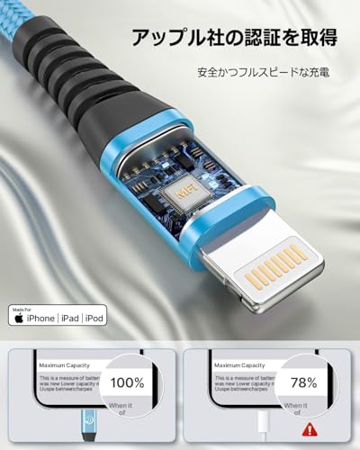 iPhone 充電ケーブル 【1.8M 3本セット】ライトニングケーブル 【MFI認証】 充電ケーブル 急速 高耐久 データ転送 lightning ケーブル iPhone 14 13 12 11 Pro Max XS XR X 8 7 6 5 Plus iPad iPod各種対応