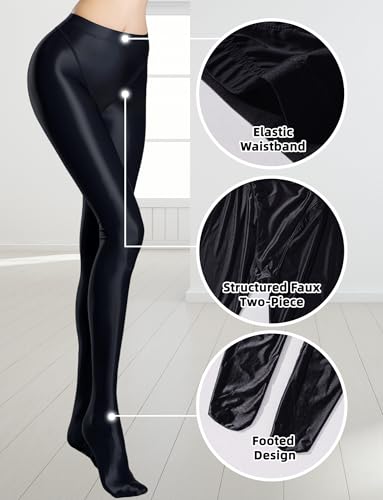 Image of FEOYA Women's Open Crotch Oil Shiny Pantyhose High Waist Control Top Silky Oily Crotchless Footed Tights Stockings