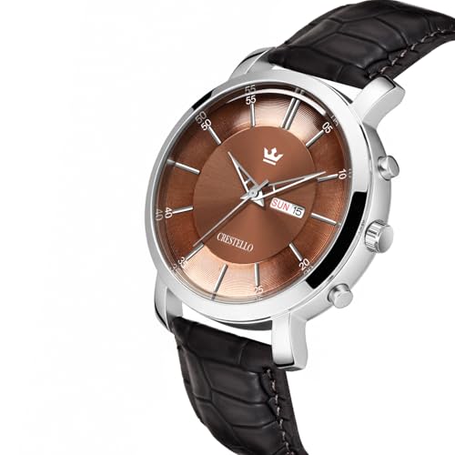 Image of CRESTELLO Brown /Green /Black Leather Strap Analog Wrist Watch with Day-Date Display for Men (Silver /Green /Brown /Black Dial) | CR-WT210