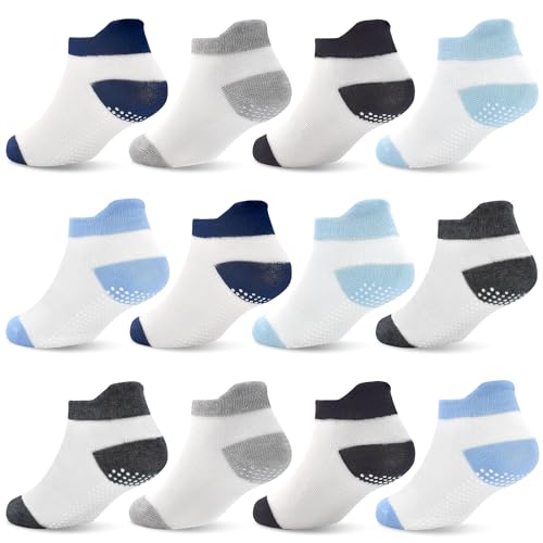 ELUTONG Antirutsch Socken Kinder，12 Paar Stoppersocken Kinder Baumwolle Rutschfeste Socken für 6-12 Monate Jungen Mädchen（schwarz, blau）