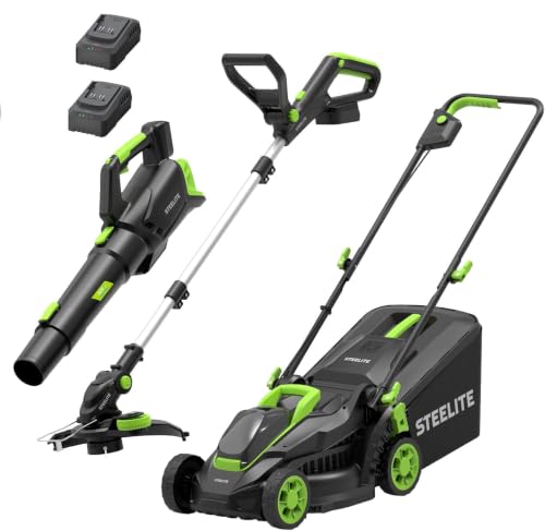 STEELITE 3-in-1 Electric Lawn Mower, Trimmer & Blower Combo, 21V Brushless Yard Tool Kit with 2 x 4.0Ah Batteries & 2 Chargers, Mulching Mower, Edger/Trimmer & Blower for Small Yards