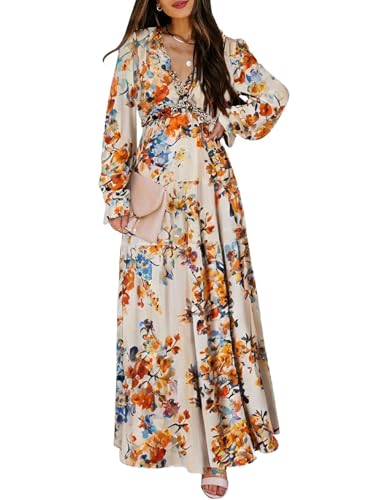 Image of BLENCOT Womens Casual Boho Floral Printed V Neck Long Sleeve Long Maxi Dress Spring Summer Dresses