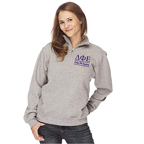 Sorority Letters Shop Delta Phi Epsilon Quarter Zip Pullover Sweatshirt - D PHI E Cadet Collar Sweater - DFE Gifts