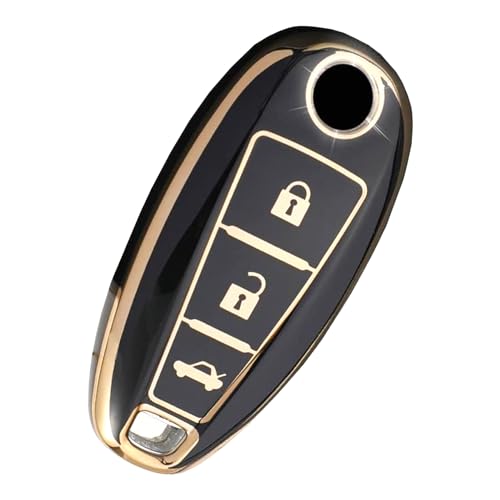 Image of TPU Car Key Cover Black & Golden Compatible for Suzuki Baleno, Vitara Brezza, Ignish, Ciaz,S-Cross, Swift (Suzuki, 3 Button Push Start Key)
