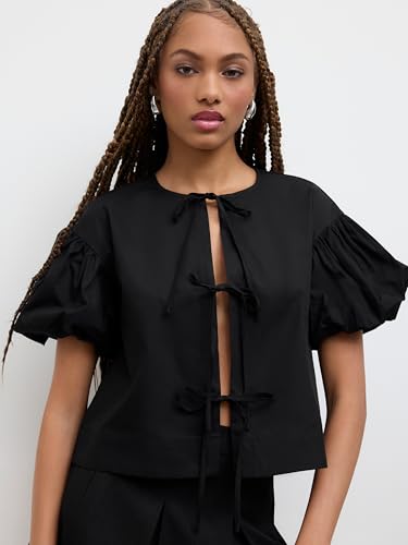 CIDER Shirts for Women Tie Front Top Knotted Crop Peplum Babydoll Puff Sleeve Blouse Cute Crew Neck Top2