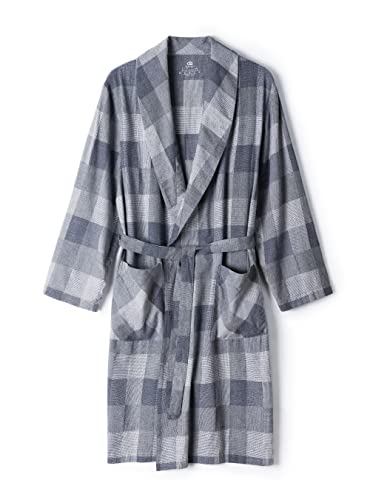 DAVID ARCHY Leichter Bademantel Herren Bademantel Herren Baumwolle Pelzige Doppelte Weichheit und Extra Leichtigkeit Roben 100% Baumwolle (Moonlight Blue Plaid, L) Cover