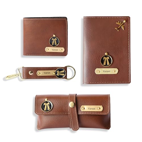 Image of Personalised All in One Men's Combo Gift (4 pcs) Customized Leather Wallets, Key Chain, Eyewear Case and Passport Cover with Name | Best Gift for Brother, Husband, Boyfriend, Father (Tan)