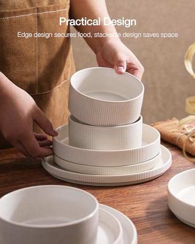 Image of Famiware Star 8-Piece Stoneware Dinnerware Sets for 4 - 10.5 inch Flat Dinner Plates & 23 oz Deep Cereal Bowls, for Everyday & Formal Use, Chip & Scratch Resistant, Microwave /Dishwasher Safe, Matte White