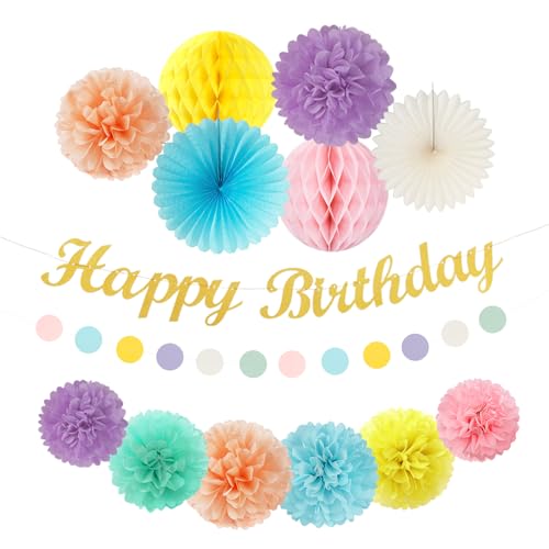 Image of Pastel-Rainbow Colorful Birthday Party-Decorations Paper-Flowers - 14pcs Happy Banner Carnival Theme Lanterns Tissue Pom Poms,Macaron Streamers Garland Fans Honeycomb Hanging Supplies Decor Hugfond