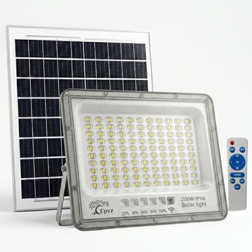 Image of Epyz 200 Watt Solar Flood Light Outdoor Waterproof Aluminium Body with Remote for Home Garden Wall Compound Entrance Automatic LED Lamp [ Pack of 1, Cold White Light ] [ 18000mAh, 120LED ]