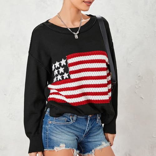 Image of Women American Flag Sweater Loose Vintage USA Sweatshirt Long Sleeve Crewneck Hollow Out 4th of July Jumper