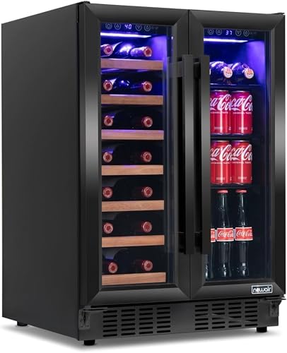 Image of NewAir 24 inch Dual Zone Beverage Refrigerator & Wine Cooler for 20 Bottles & 78 Cans | Freestanding or Built-In Under Counter Mini Fridge for Beer, Wine and Soda | Black Stainless Steel