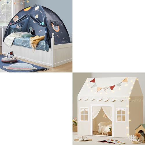 Play Tent with Padded Mat & LED Lights, Playhouse for Kids, Space Galaxy Bed Tent for Kids – Sleep Bed Canopy with 9 Planets Design – 77" x 40" x