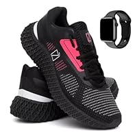 Kit Tênis Feminino Leve Confortável + Relógio Digital – Academia Caminhada Corrida Fitness Presente (Preto-Rosa, BR, Adulto, Numérico, 34)