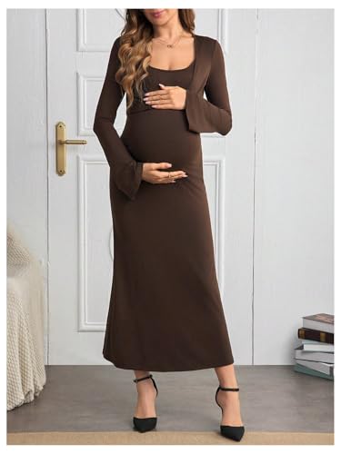 OYOANGLE Women's Maternity 2 Piece Outfits Scoop Neck Bodycon Long Cami Dress and Long Sleeve Cropped Cardigan Set2