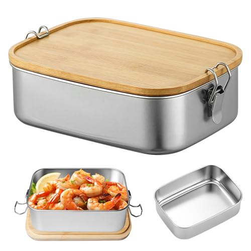 LEKEFETO Brotdose Edelstahl 1500ML: Brotdose Erwachsene/Kinder Lunch Box mit Holzdeckel Auslaufsicher Lunchbox Bento, BPA-frei, Bento Box Frühstücksbox für Schule, Ausflüge, Picknick, Arbeit (C)