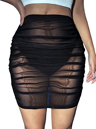 SweatyRocks Women's Sheer Mesh Elastic Waist Ruched Bodycon Mini Skirt Party Skirts3