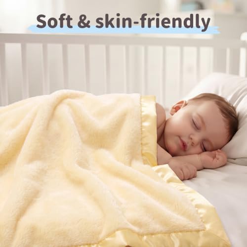 Image of Pro Goleem Fleece Baby Blanket with 2 Inch Satin Trim Soft Anti-Static Plush Blanket for Boys and Girls Christmas Baby Gifts for Babies 30''x40''，Yellow