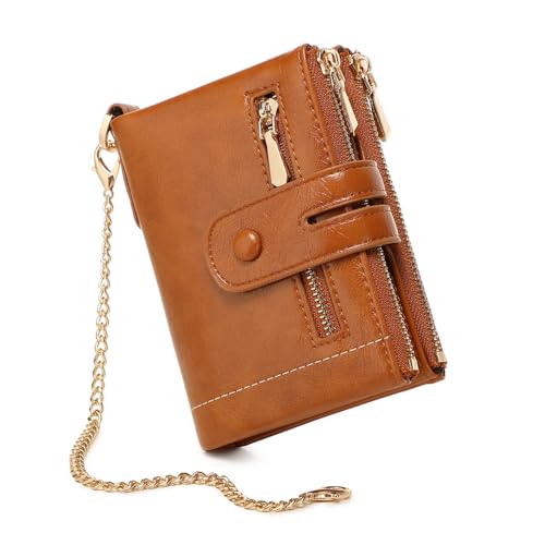 Image of AOXONEL Wallets for Women Small Rfid Bifold Leather Ladies Wallet,Travel Billfolds Medium Size Card Holder with Removable Wristlet Chain,Multi-Card Slots,ID Window,Double Zipper Coin Pocket (Brown)