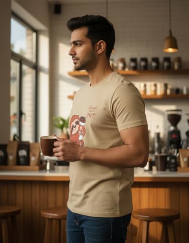 Image of Cute Coffee Sloth Unisex T-Shirt | Regular Fit Round Neck Casual Cotton Tee for Men & Women Sand Beige