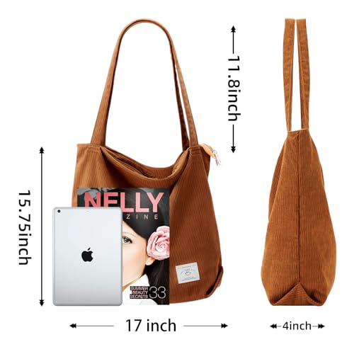 Image of KALIDI Women Corduroy Tote Bag Zipper Casual Tote's Handbag Big Capacity Shoulder Bag with Pockets