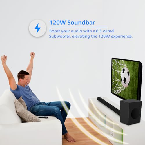 Image of Philips Audio TAB4218 /94 2.1Ch 120W Bluetooth Soundbar with Rich Bass, 3 EQ Modes, Multi-Connectivity Option with Supporting USB, HDMI(ARC), Optical, Coaxial & Aux-in (Black)