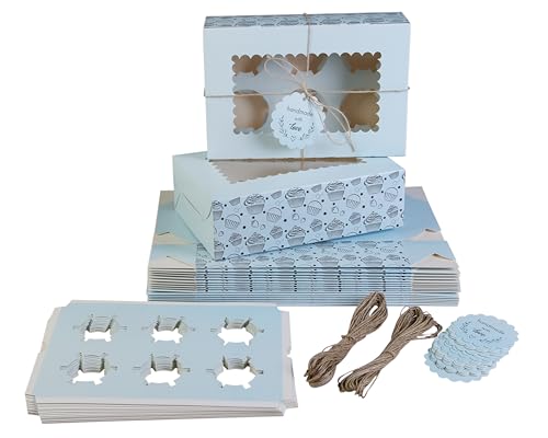 Image of mudrit Cupcake Boxes with Insert Trays (Pack of 10), Cupcake Carrier, Food Grade Bakery Boxes with Windows to fit 6 Cupcakes, Muffins or Pastries (Blue)