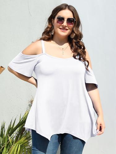 Image of LARACE Cold Shoulder Tops for Womens Summer Clothes Spaghetti Strape Tunic Oversized Shirts Asymmetrical Plus Size Blouse